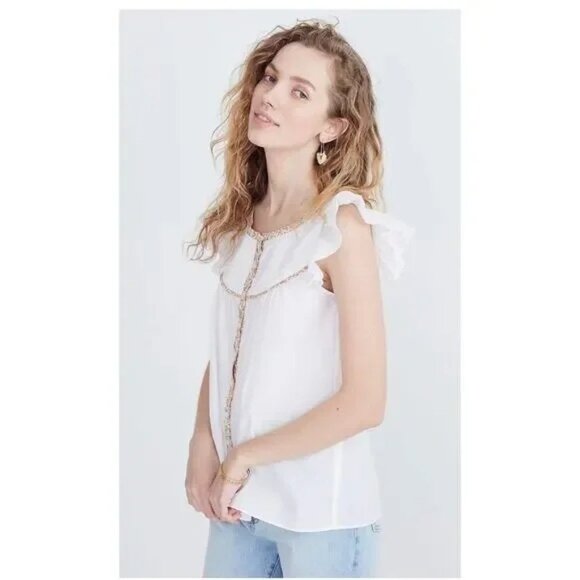 Madewell Ruffle Sleeve Bib Top White Solid Women’s Cotton Flutter - Picture 2 of 12